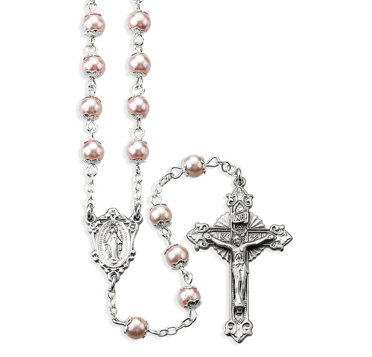 Light Pink Imitation Pearl Double Capped New England Pewter Rosary - PR1072PK