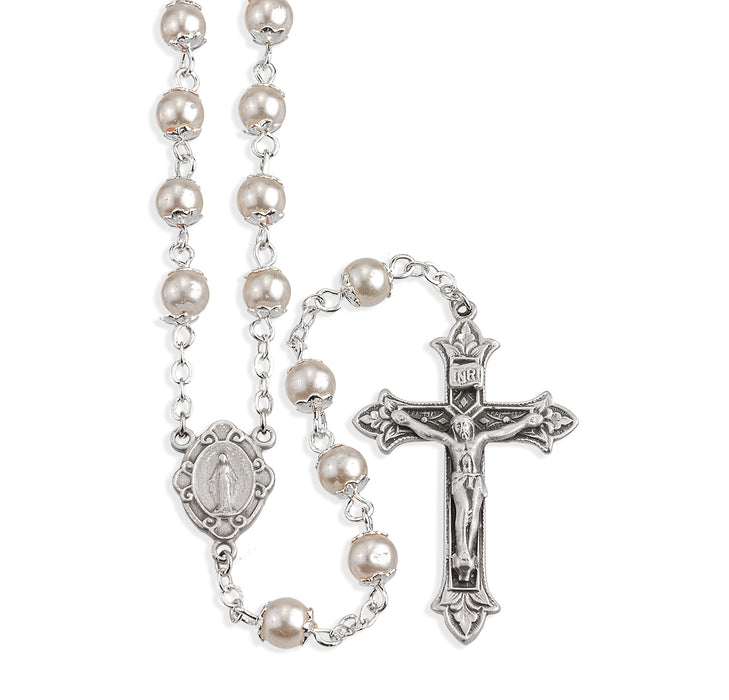 Imitation Pearl Double Capped New England Pewter Rosary - PR1072