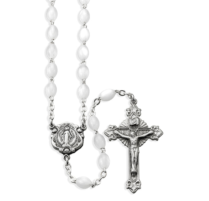 White Imitation Mother of Pearl New England Pewter Rosary - PR1073WH