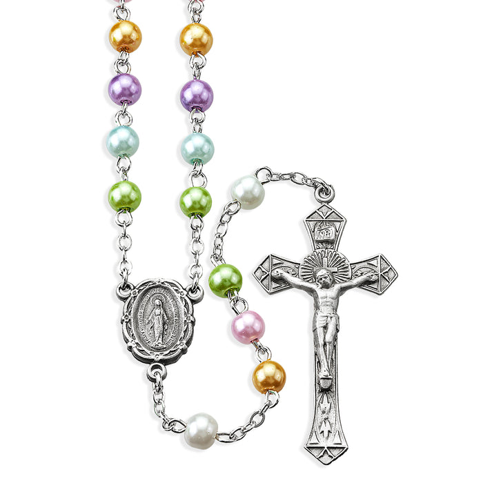 6mm Pearlized Multi-Color Beads with Pewter Crucifix and Center - PR1248ML