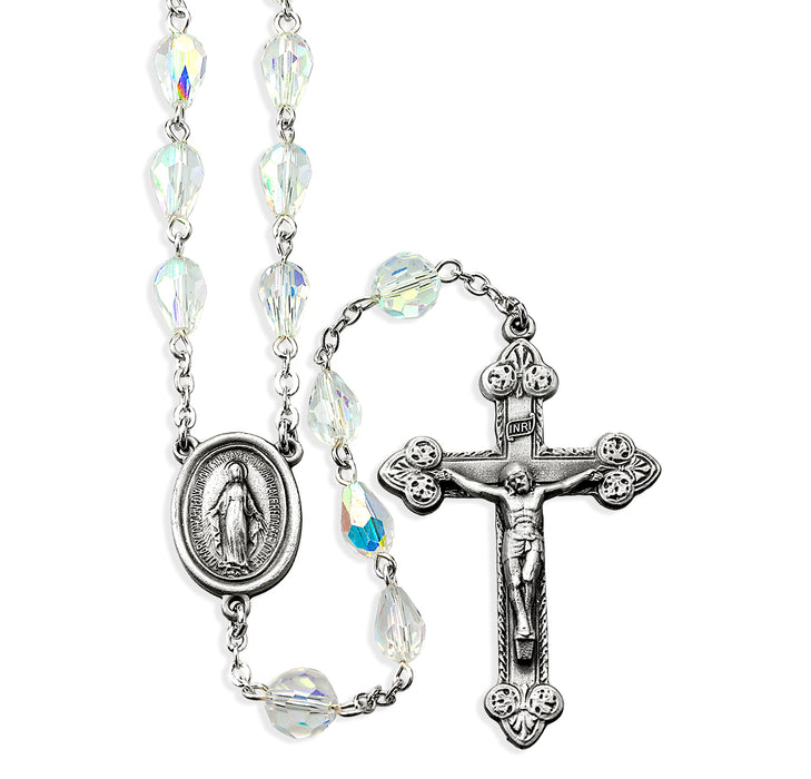 6x9mm Aurora Tear Shape Crystal Beads with Pewter Crucifix and Center - PR1370CR