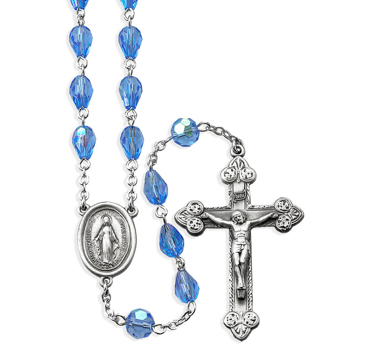 6x9mm Sapphire Tear Shape Crystal Beads with Pewter Crucifix and Center - PR1370SP