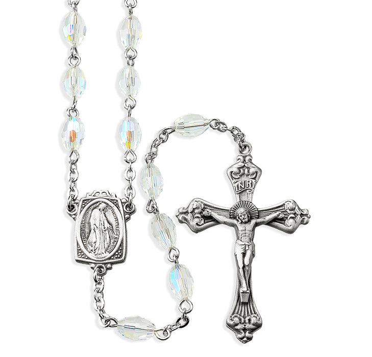 6x9mm Crystal Aurora Faceted Oval Glass Bead Rosary made with Genuine Pewter Crucifix and Centerpiece - PR1375CR