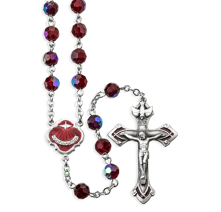 6mm Ruby Glass Faceted Beads with Pewter Crucifix and Center - PR1406RB