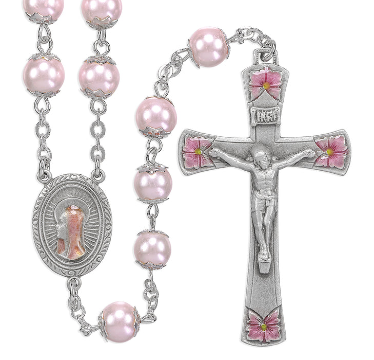 8mm Round Pink Glass Capped Bead with New England Pewter Pink Enameled Center & Crucifix - PR1904PE