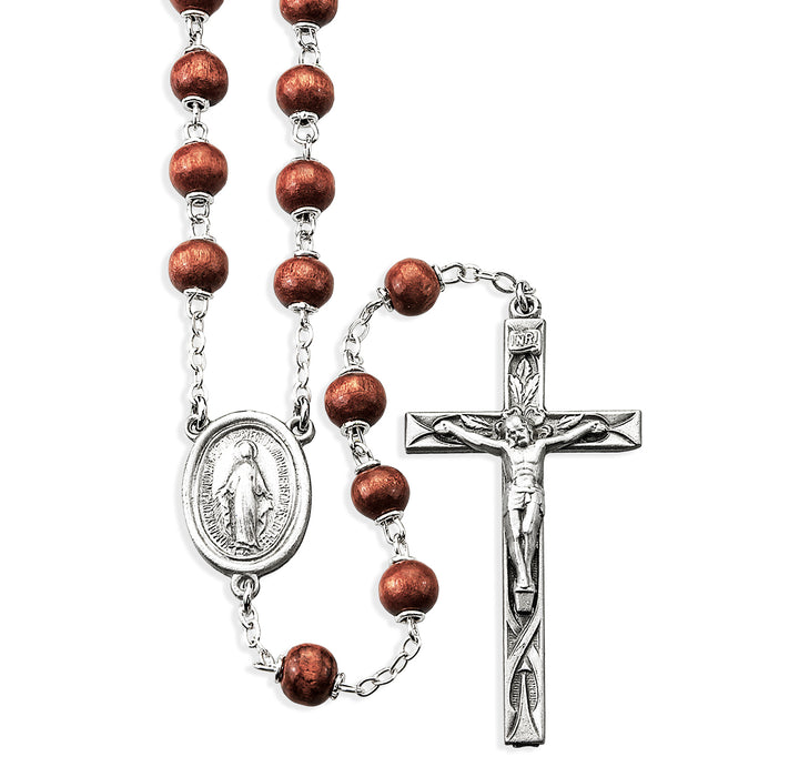 6mm Brown Oval Wood Bead Rosary with Pewter Crucifix and Center - PR1960BN