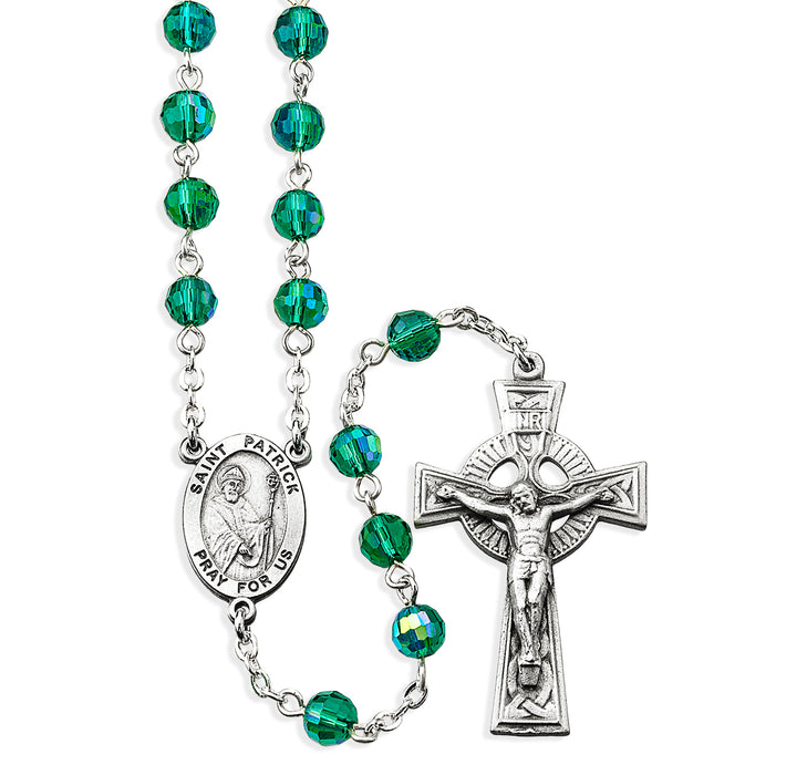 6mm Emerald Bead Rosary with Pewter Celtic Crucifix and Saint Patrick Center - PR504EM