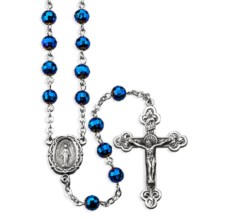 6mm Faceted Blue Bead Rosary with Pewter Crucifix and Center - PR504MB