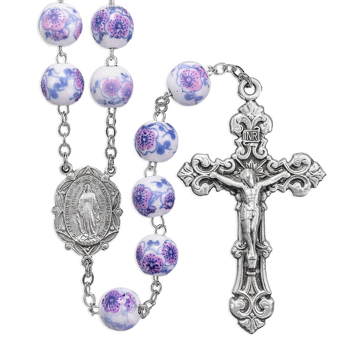 White and Violet Glass Flower Bead New England Pewter Rosary - PR5980WV