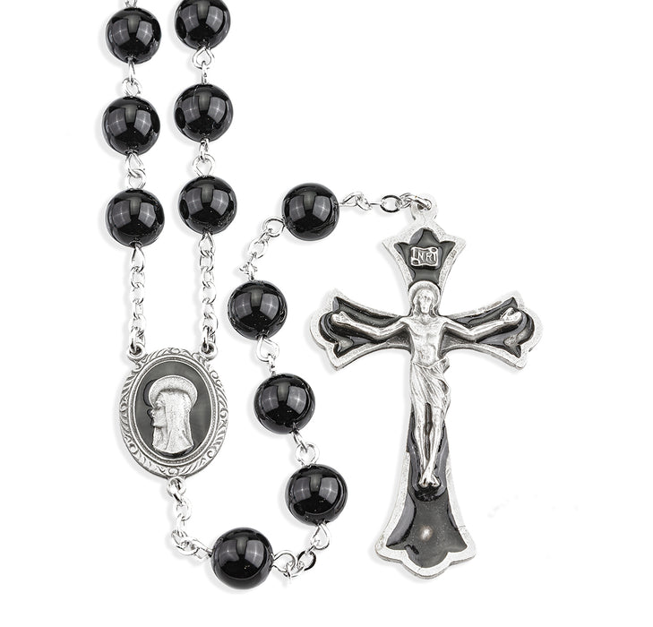 8mm Round Onyx Bead with Black Epoxy New England Pewter Crucifix and Center - PR780OXE