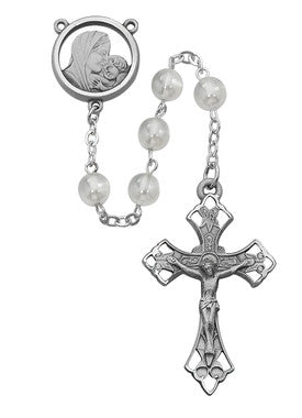 Mother and Child White Glass Rosary Boxed - R143ASF