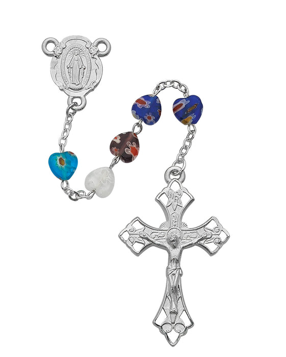 Murano Multi Color Heart Rosary Boxed - R322RF