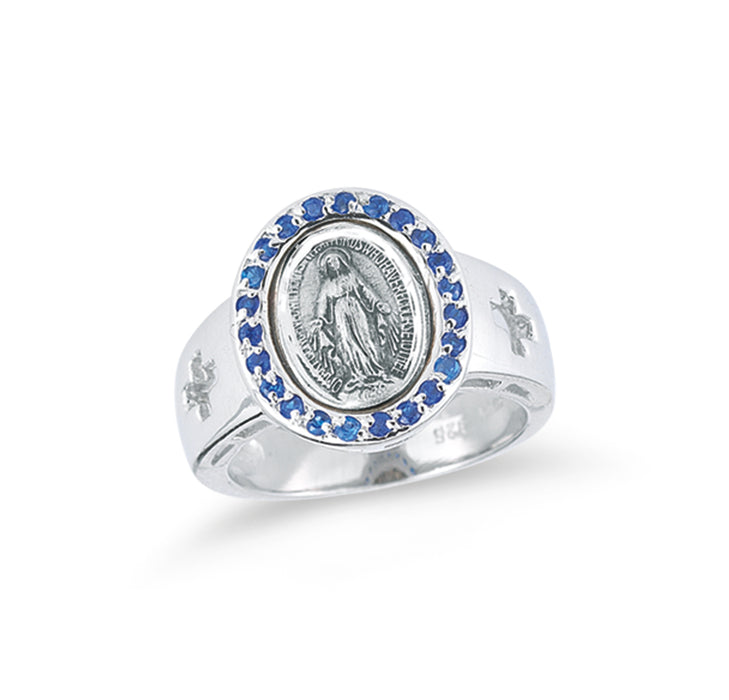Sterling Silver Miraculous Medal Sapphire Cubic Zirconia Ring Size 5 - R41105BL