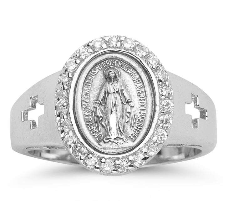 Sterling Silver Miraculous Medal Crystal Cubic Zirconia Ring Size 5 - R41105CR