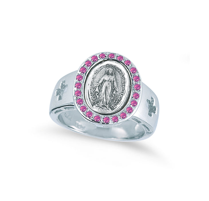 Sterling Silver Miraculous Medal Pink Cubic Zirconia Ring Size 5 - R41105PK