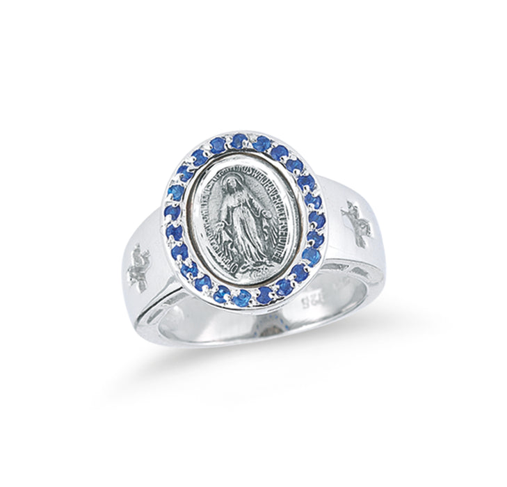 Sterling Silver Miraculous Medal Sapphire Cubic Zirconia Ring Size 7 - R41107BL