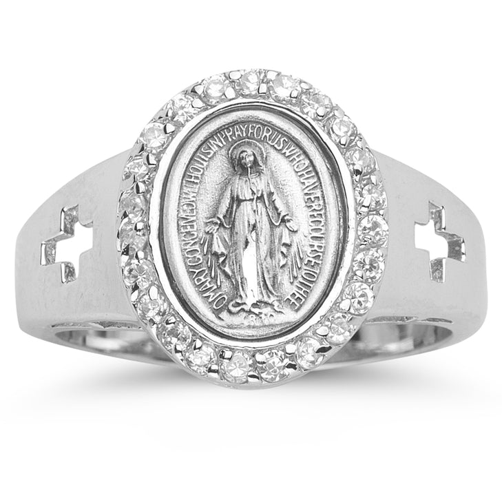 Sterling Silver Miraculous Medal Crystal Cubic Zirconia Ring Size 7 - R41107CR