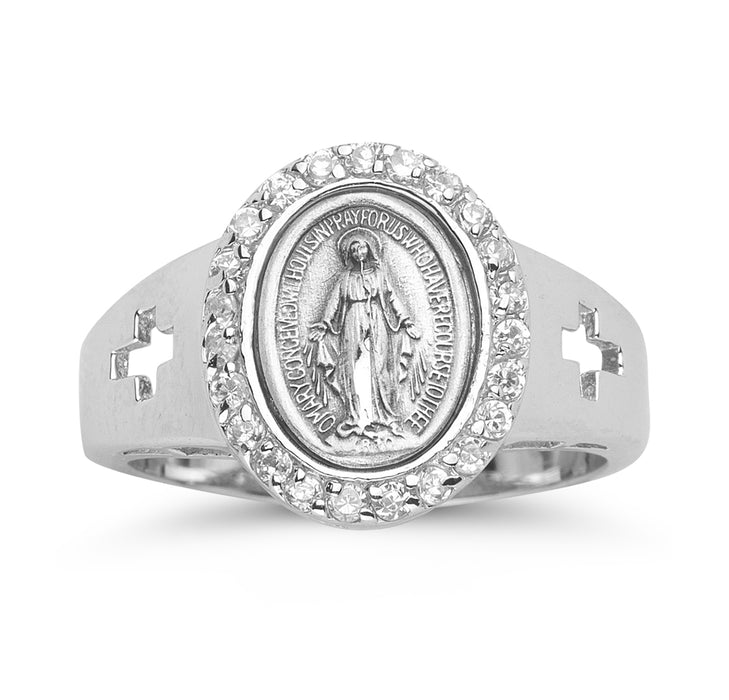 Sterling Silver Miraculous Medal Crystal Cubic Zirconia Ring Size 8 - R41108CR