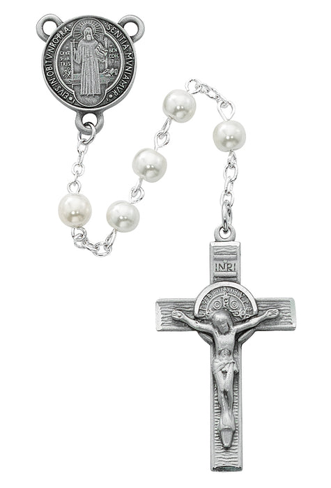 Pearl like  Glass St Benedict Rosary Boxed - R505DF