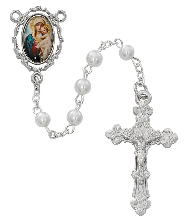 White Mother & Child Decal Rosary Boxed - R688RF