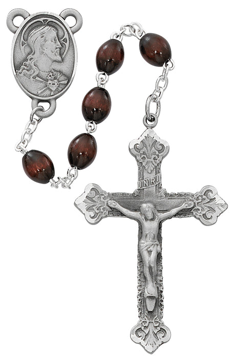 Brown Wood Scared Heart Rosary Boxed - R714DF