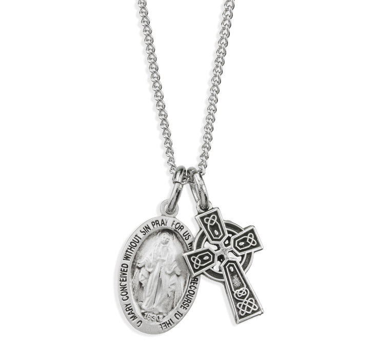 Sterling Silver Miraculous Medal and Small Celtic Cross - S1114178818