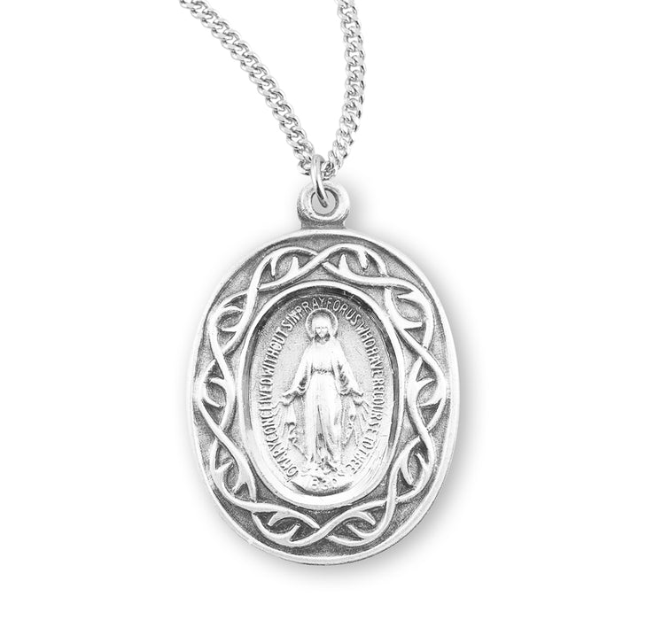 Miraculous Medal Oval Sterling Silver "Crown of Thorns" Medal - S116118
