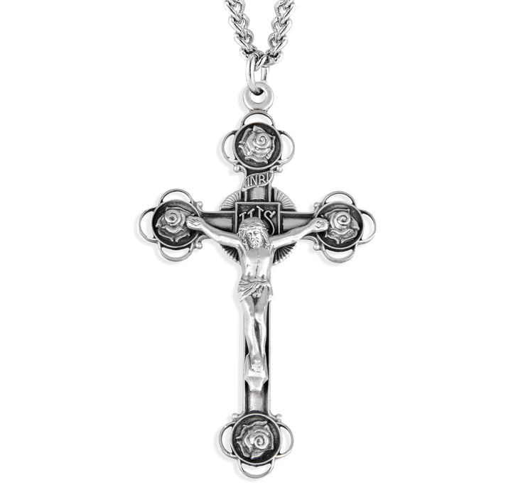 Rosebud Design Sterling Silver Crucifix - S16124