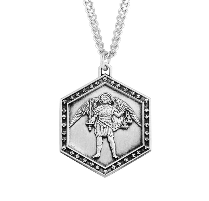 Saint Michael the Archangel Sterling Silver Hexagon Medal - S162724