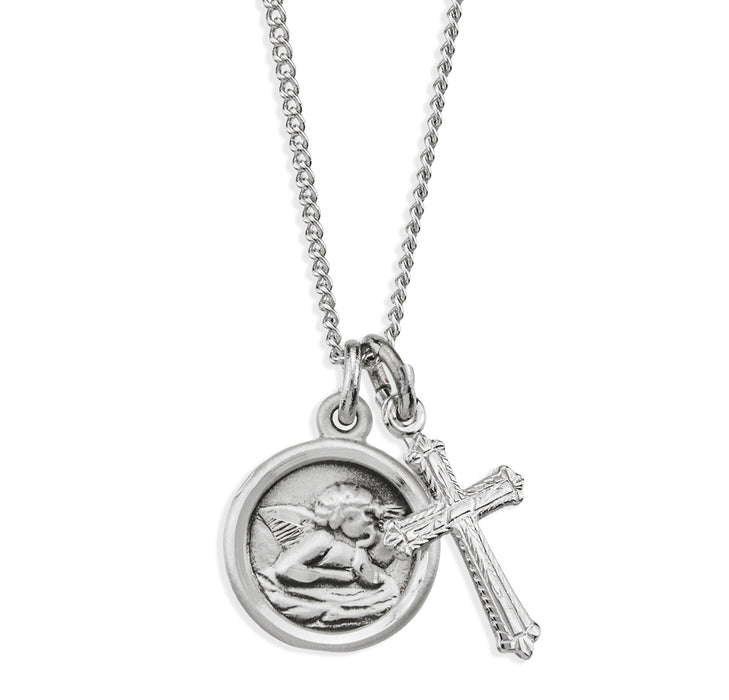 Sterling Silver Cherub Medal and Small Cross - S1640374718