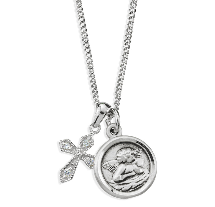 Sterling Silver Cherub Medal and Small CZ Cross - S1640391018