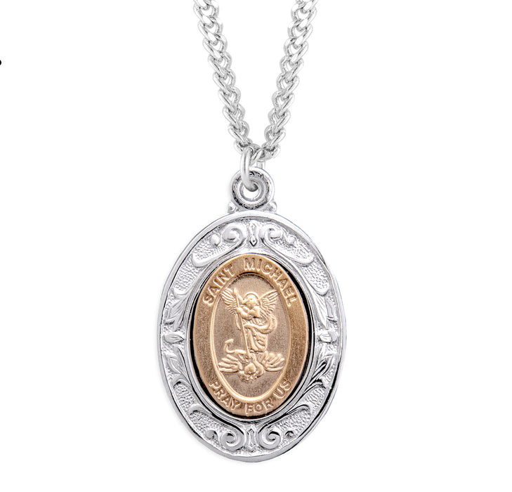 Gold Over Sterling Silver St. Michael Pendant with Rhodium Plated Sterling Silver Border - S166118