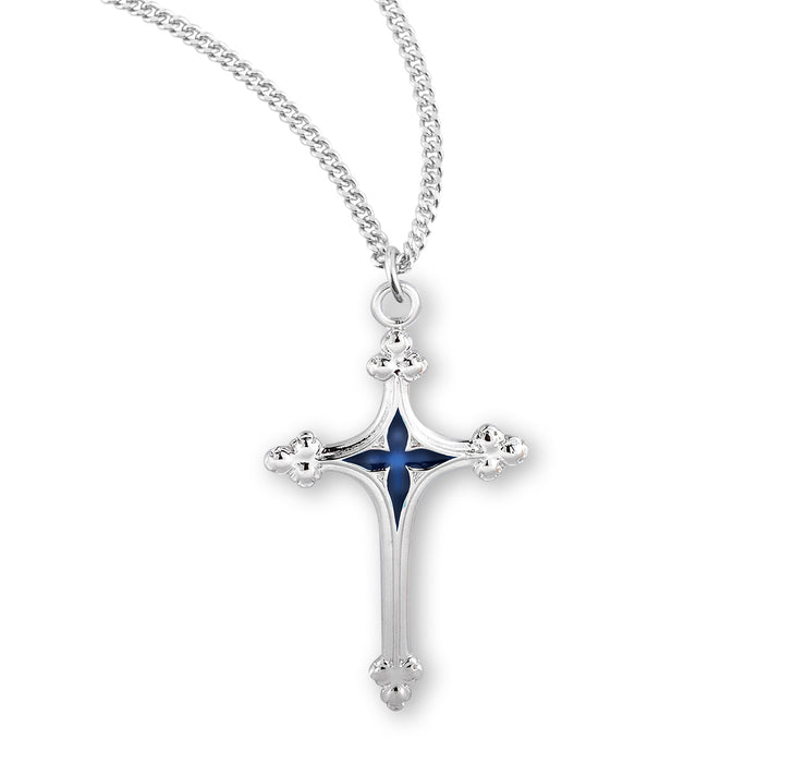 Sterling Silver Cross with Blue Enameled Center - S176718