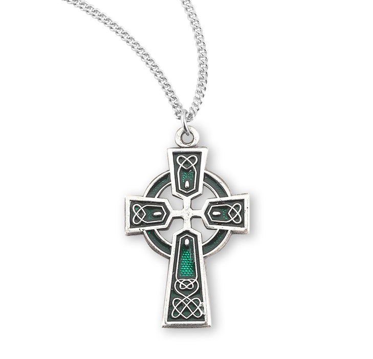 Sterling Silver Green Enameled Irish Celtic cross Pendant - S1794E18