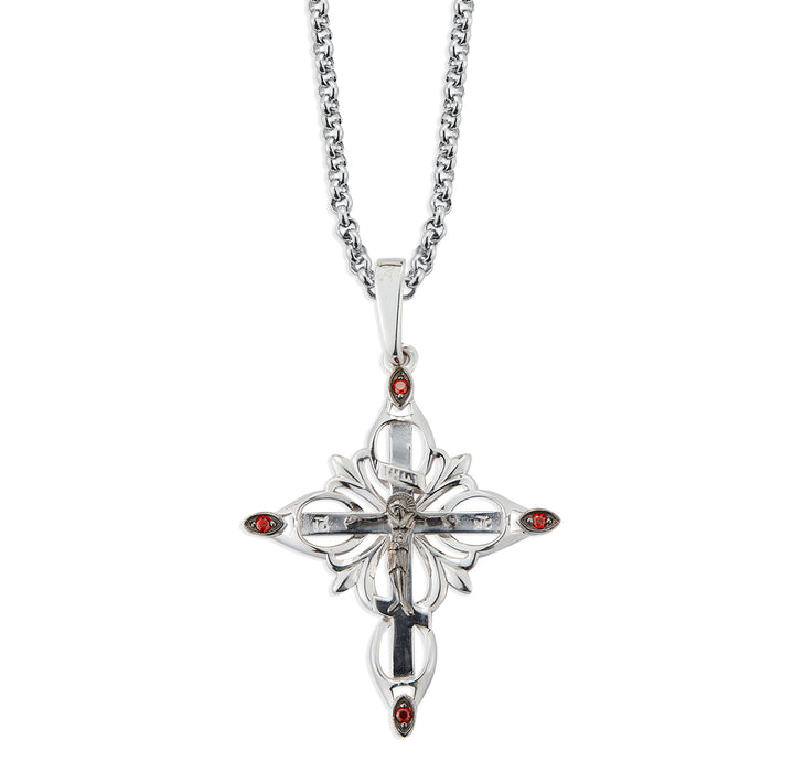 Sterling Silver Ornate Crucifix with Fire Red CZ tips - S235018