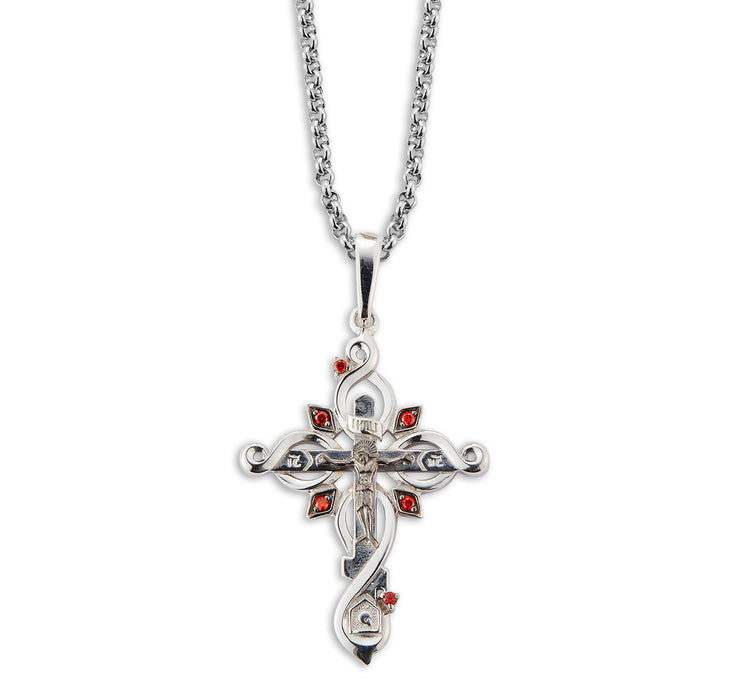 Sterling Silver Ornate Crucifix with Fire Red CZ Accents - S235118