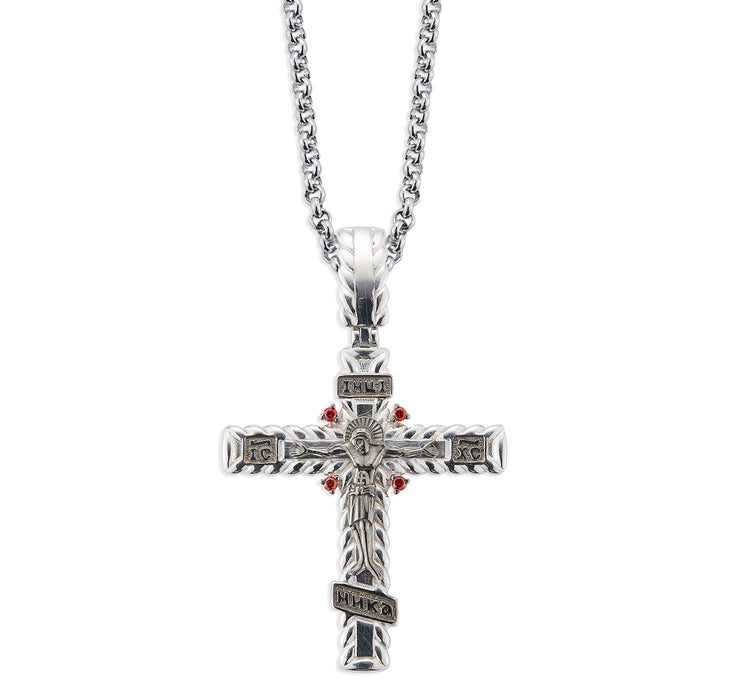 Sterling Silver Intricate Crucifix  Fire Red CZ Accents - S235224