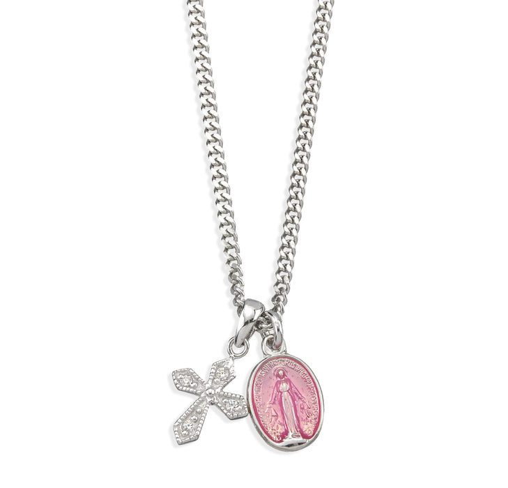 Sterling Silver Pink enamel Miracuous Medal and Small CZ Cross - S3100P391018