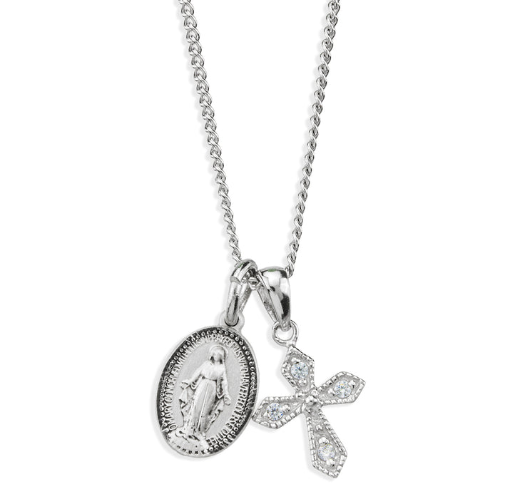 Sterling Silver Small Miraculous Medal and Small CZ Cross - S3114391018