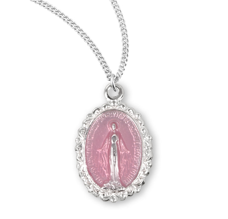 Sterling Silver Oval Pink Enameled Miraculous Medal - S3140PK13