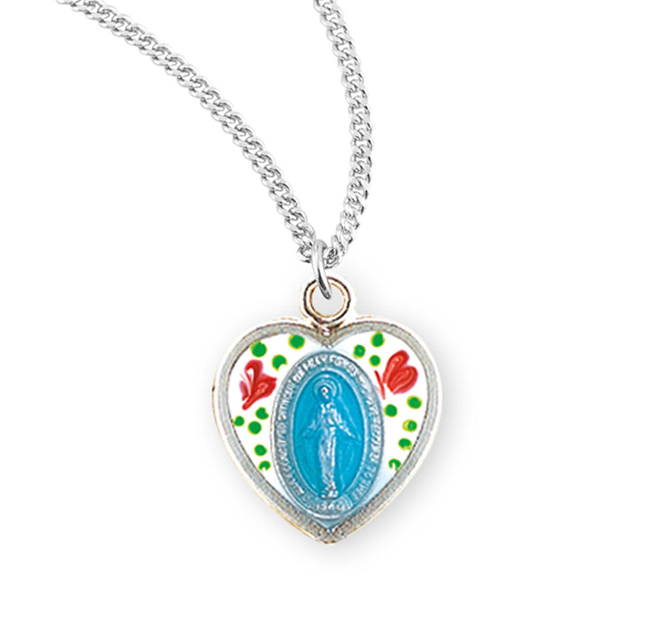 Sterling Silver Flower Enameled Heart Shape Miraculous Medal - S3160E18