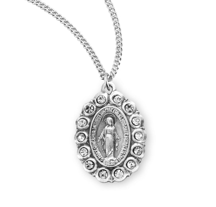 Sterling Silver Oval Miraculous Medal Set with Clear Crystals - S3177CR18