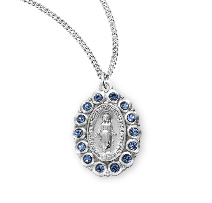 Sterling Silver Oval Miraculous Medal Set with Light Sapphire Crystals - S3177LS18