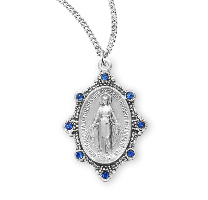 Sterling Silver Oval Miraculous Medal Set with Light Sapphire Crystals - S3188LS18