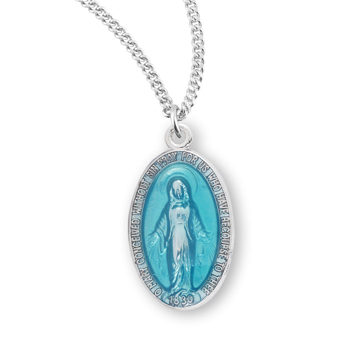 Sterling Silver Oval Blue Enameled Miraculous Medal - S3189BL18