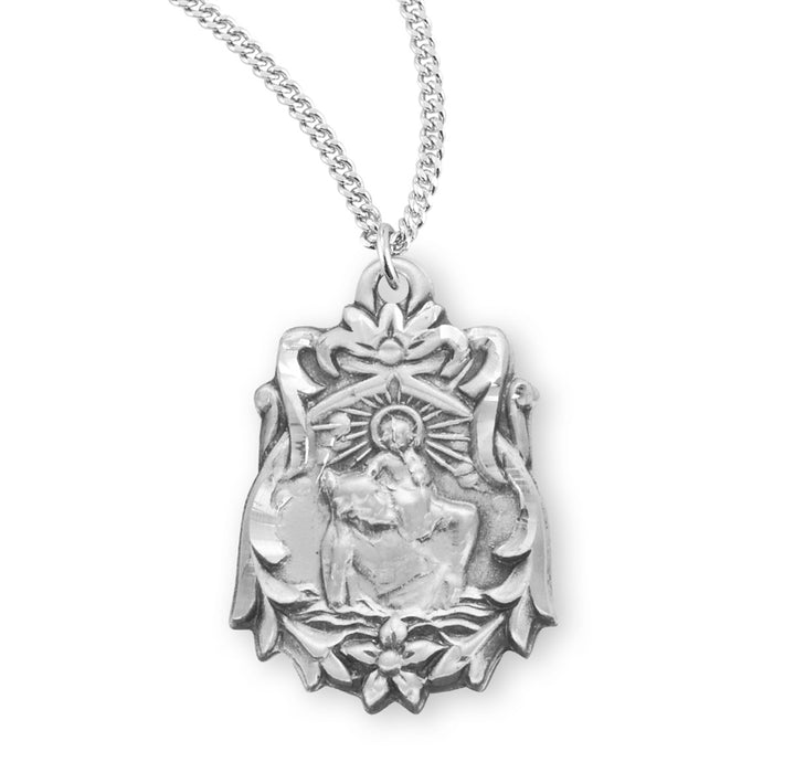 Saint Christopher Floral Bordered Sterling Silver Medal - S357118