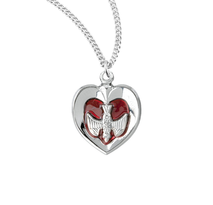 Sterling Silver Rhodium Plated Holy Spirit Inlayed Heart Pendant with Red Epoxy - S3721RD18