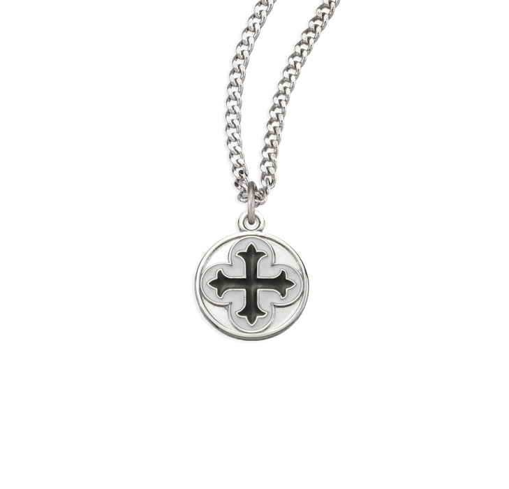 Sterling Silver Round Clover Cross Medal with Black Epoxy - S3769BK18