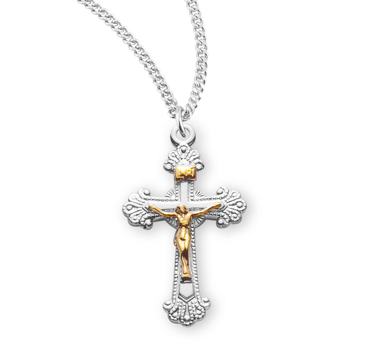 Two Toned Fancy Engraved Sterling Silver Crucifix - S3829TT18