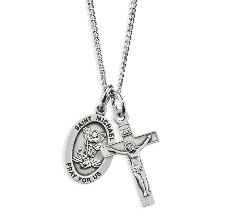 Sterling Silver Small St. Michael Medal and Small Crucifix - S4522180218